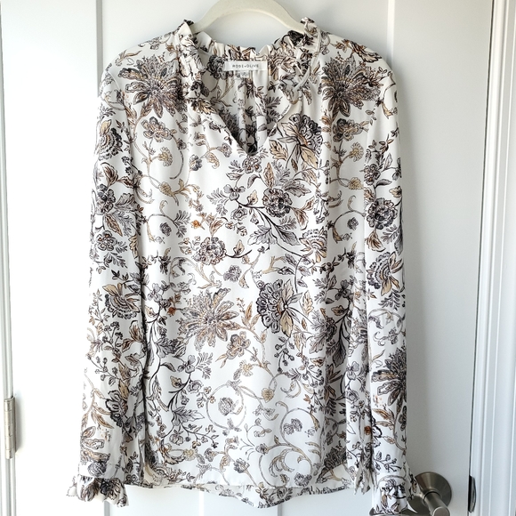 Rose + Olive Women's Blouse Long Sleeve Floral Cream Lightweight Size Medium - Picture 14 of 14